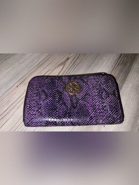 Tory Burch Purple Black Snake Print Wallet Zip Closure